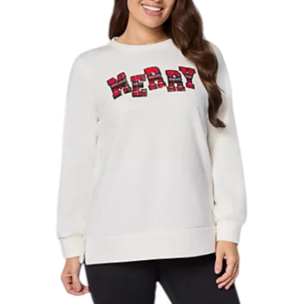 Jingle Belles by Kim Gravel Women's Tartan Holiday Sweatshirt Cream - Regular
